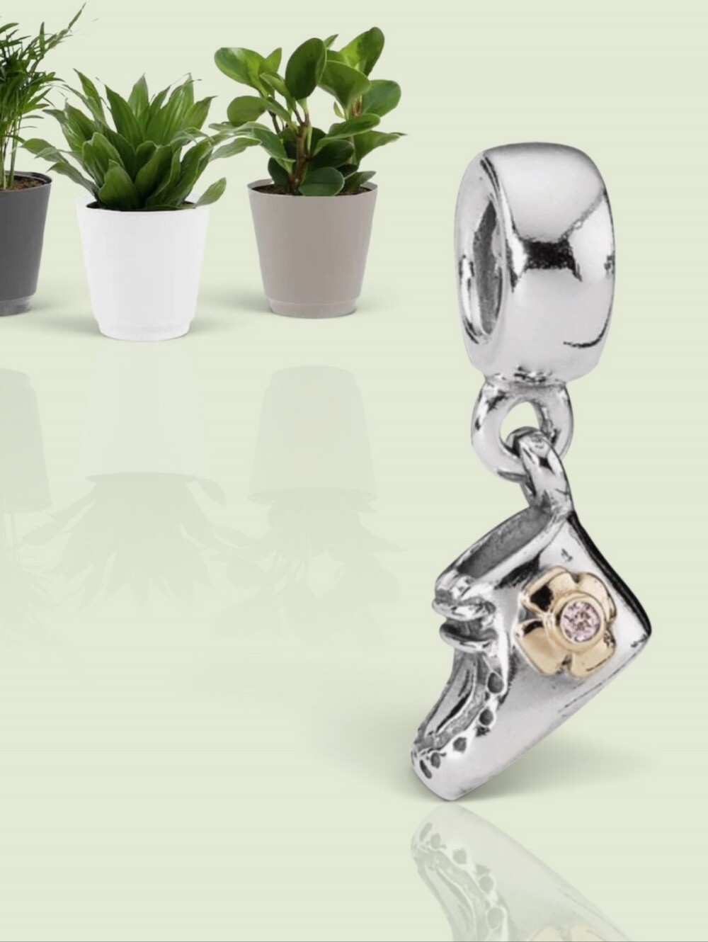 Pandora Sterling Silver & 14K Gold Baby Girl Bootie Dangle With Pink CZ Retired